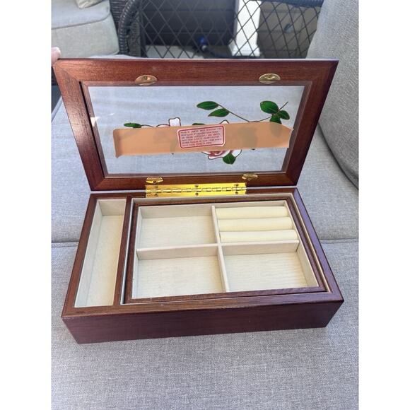 New Vintage Original Box Wood Walnut Finish Stained Glass 11x7 Jewelry Box Rose - Picture 4 of 6